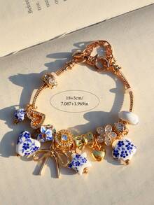 1pc Vintage Ceramic Charm Bracelet, Imitation Blue And White Porcelain Heart Flower Bracelet, Star Bracelet, Ceramic Heart Bow Bracelet