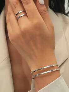 Minimalist Bracelet/Bangle And Ring Set - 18k Gold Plated And 925 Silver, Modern Elegance - Bạc - Xem 1