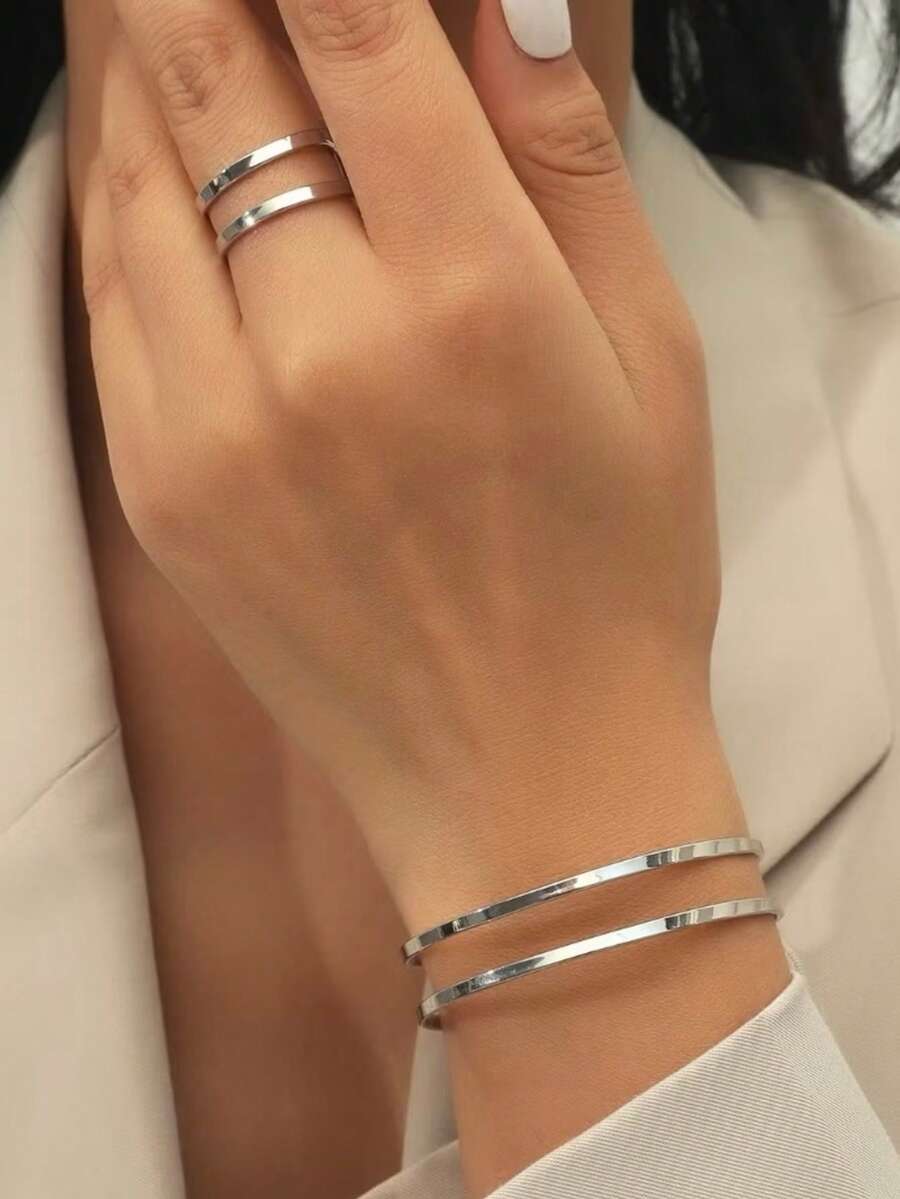 Minimalist Bracelet/Bangle And Ring Set - 18k Gold Plated And 925 Silver, Modern Elegance - Bạc - Xem 1