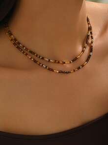 1 Set Of 2pcs Handmade Beaded Necklace Set, Vintage Elegant Design With Brown Rice Beads, Suitable For Women's Daily, Vacation, And Party Wear (Bead Positions Random)