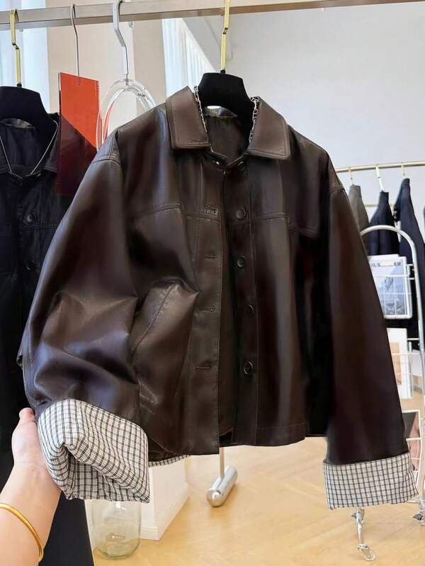 Loose Casual Plaid Patchwork PU Leather Collar Jacket