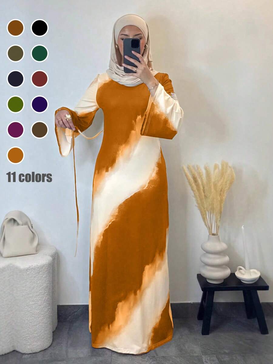 女士时尚针织中长连衣裙，扎染印花，长袖，圆领，中等弹力面料，阿拉伯风格度假春季连衣裙 - 橘色 - 查看 1