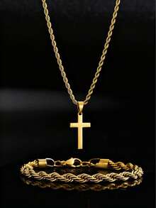 Set de 2 piezas de pulsera y collar de acero inoxidable trenzado, set de joyería con elemento de cruz, accesorios de moda minimalistas para uso diario, set de joyería versátil para hombres