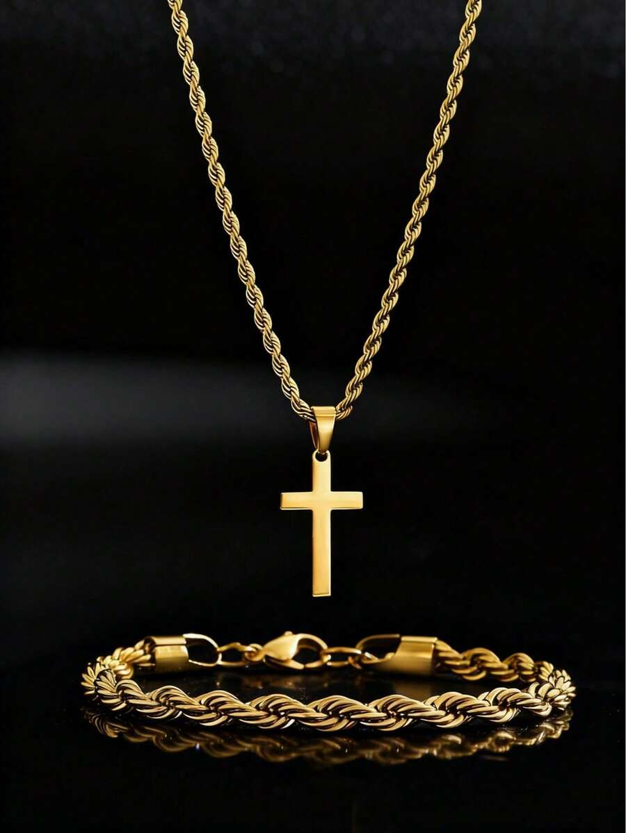 Set de 2 piezas de pulsera y collar de acero inoxidable trenzado, set de joyería con elemento de cruz, accesorios de moda minimalistas para uso diario, set de joyería versátil para hombres