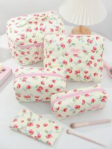 1 قطعة/مجموعة حقيبة مكياج ذات سعة كبيرة بطبعة فراولة جميلة، حقيبة مستحضرات تجميل محمولة باليد، حقيبة تخزين نظارات من قماش ناعم مبطن بتصميم مبطن مع إغلاق بزر للسفر - أصفر - مشاهدة 19