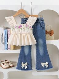 Vintage Floral Ruffle Texture Fabric Girls Camisole Top And Fashionable Denim Bell Bottom Pants With Bow Decor Set, Comfortable