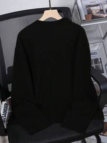 Jersey holgado de punto suelto de hombros caídos y unicolor, otoño/invierno - Negro - Ver 4