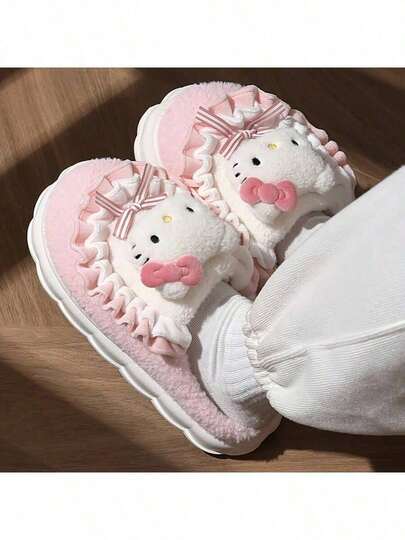1 Pair, Cute Style Hello Kitty Cartoon Plush Home Shoes, Autumn And Winter Shoes Fashionable And Versatile Closed Toe And Closed Heel Outdoor Women's Slippers, Comfortable And Warm To Walk In School Bedroom Indoor Home Slippers, Student Slippers, Perfect Holiday Gift