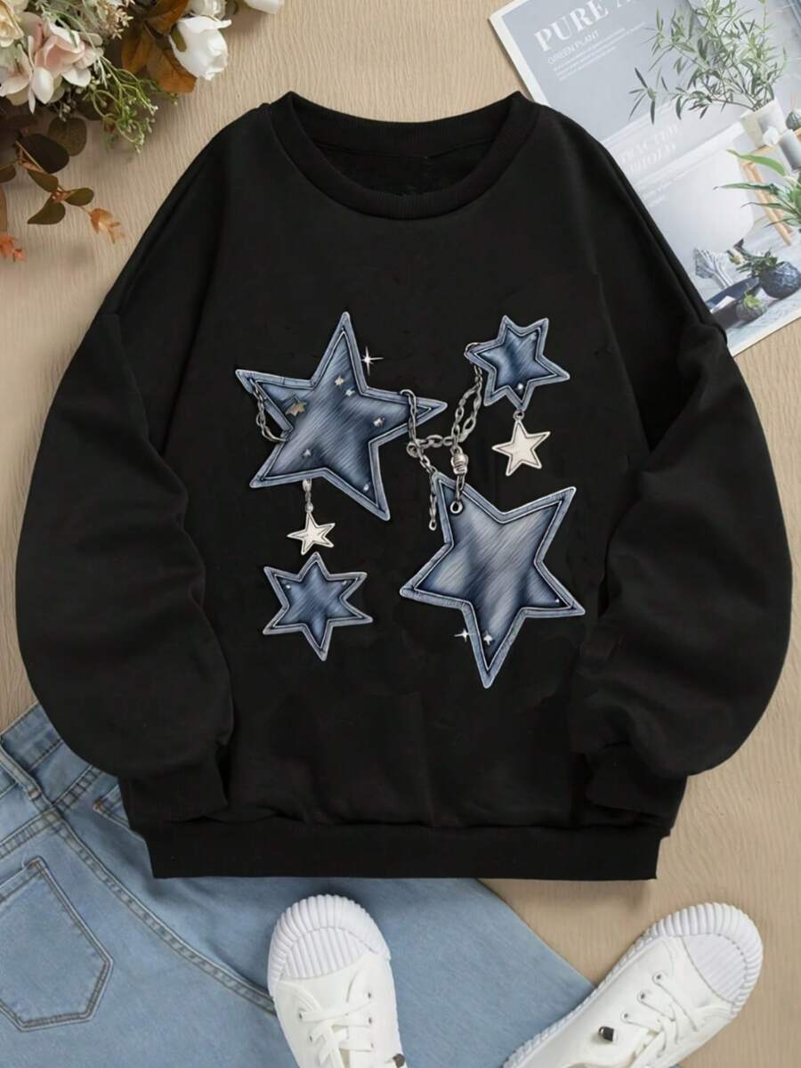Mujer004 Sudadera de cuello redondo para mujer invierno sudadera de manga larga cómoda suave Sudadera casual atractiva con estampados de estrellas con brillo y cadenas adornando, perfecta para combinaciones modernas - Negro - Ver 1