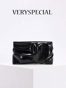 1pc High-End Wrinkled PU Leather Black Clutch Bag, Unique Pleated Design, Glossy Oil Skin Texture, Minimalist Luxury Style, Suitable For Party, Banquet, Long Dress