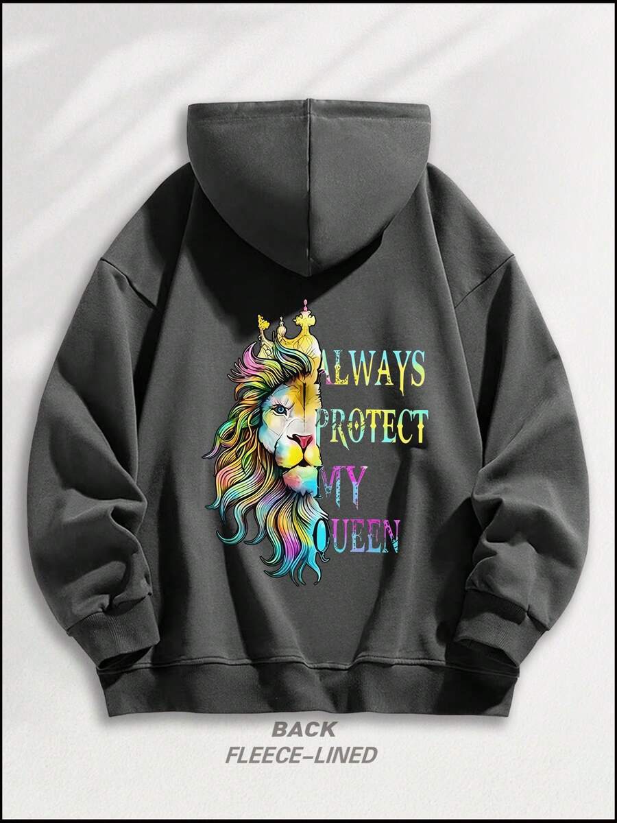 1PCMen's & Women's Matching Couple's Hooded Sweater  - ALWAYS PROTECT MY QUEEN / ALWAYS TRUST MY KING Loose Fit Long Sleeve Pullover With Pockets, Cozy Casual Winter Sweater For Couples, Machine Washable Matching Outfits For Valentine's Day Gifts - 男款灰色 - 查看 1