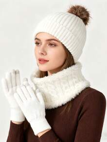 1 Set Hat, Scarf, Gloves 3-In-1 Warm Winter Set, Pom Pom Knit Hat, Touchscreen Gloves, Fleece Neck Warmer, Holiday Gift, Suitable For Daily Commute, Outdoor Skiing Winter Gear - Multicolor - View 2