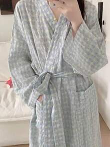 女士简约欧美风长袖浴袍，蓝色格子印花甜美可爱简约轻薄浴袍，春秋开学季 - 彩色 - 查看 10