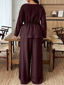 UrbanChic 简约风两件套加大码束腰金属扣装饰套装，纯色，端庄得体，适合婚礼季、情人节、白色派对、春假、春季、夏季度假等场合，优雅时尚。 - 暗紅 - 查看 7