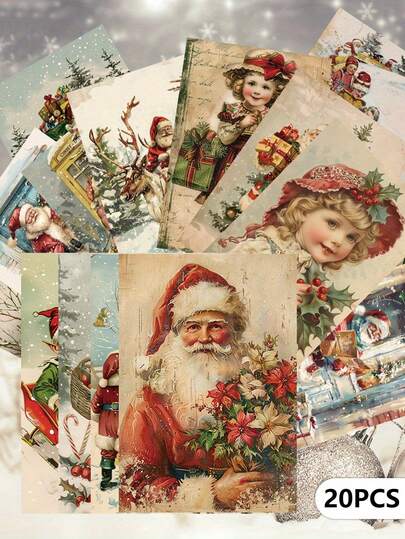 Christmas Vintage Beautiful Art Postcards - 4x6 Inch Grunge Journal Paper With Santa Claus, Snowman, Christmas Tree And Holiday Scenes, Collectible Sturdy Decorative Cards For Scrapbooking, Crafts, Christmas Gifts And Winter Stationery, Holiday Decoration Classic Illustrations, Handmade Texture, High Quality Printing, Perfect For Craft Lovers, Scrapbook Enthusiasts, Christmas Decoration