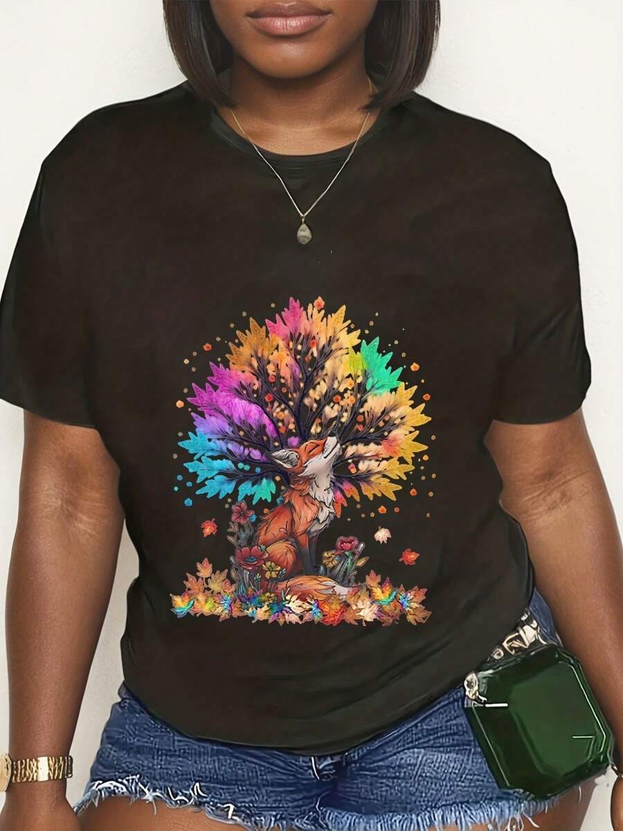 Plus Size Short Sleeve T-Shirt With Colorful Fox And Rainbow Tree Print - Casual Wear For Women, Perfect For Daily Outings, Nature Lovers, And Artistic Fashion Enthusiasts 220g - 黑色 - 查看 1