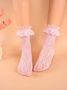 1 Pair Women's Lace Mid-Calf Socks With Ruffle, Elastic Hollow-Out Net Design, Lolita Style Kawaii Socks - Pink - View 6