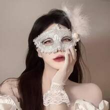Black Floral Half Face, Masquerade Ball Eye, Fancy Dress Up Prop Prom Gala New Year Party Cosplay Night - 白色花紋羽毛 - 查看 13