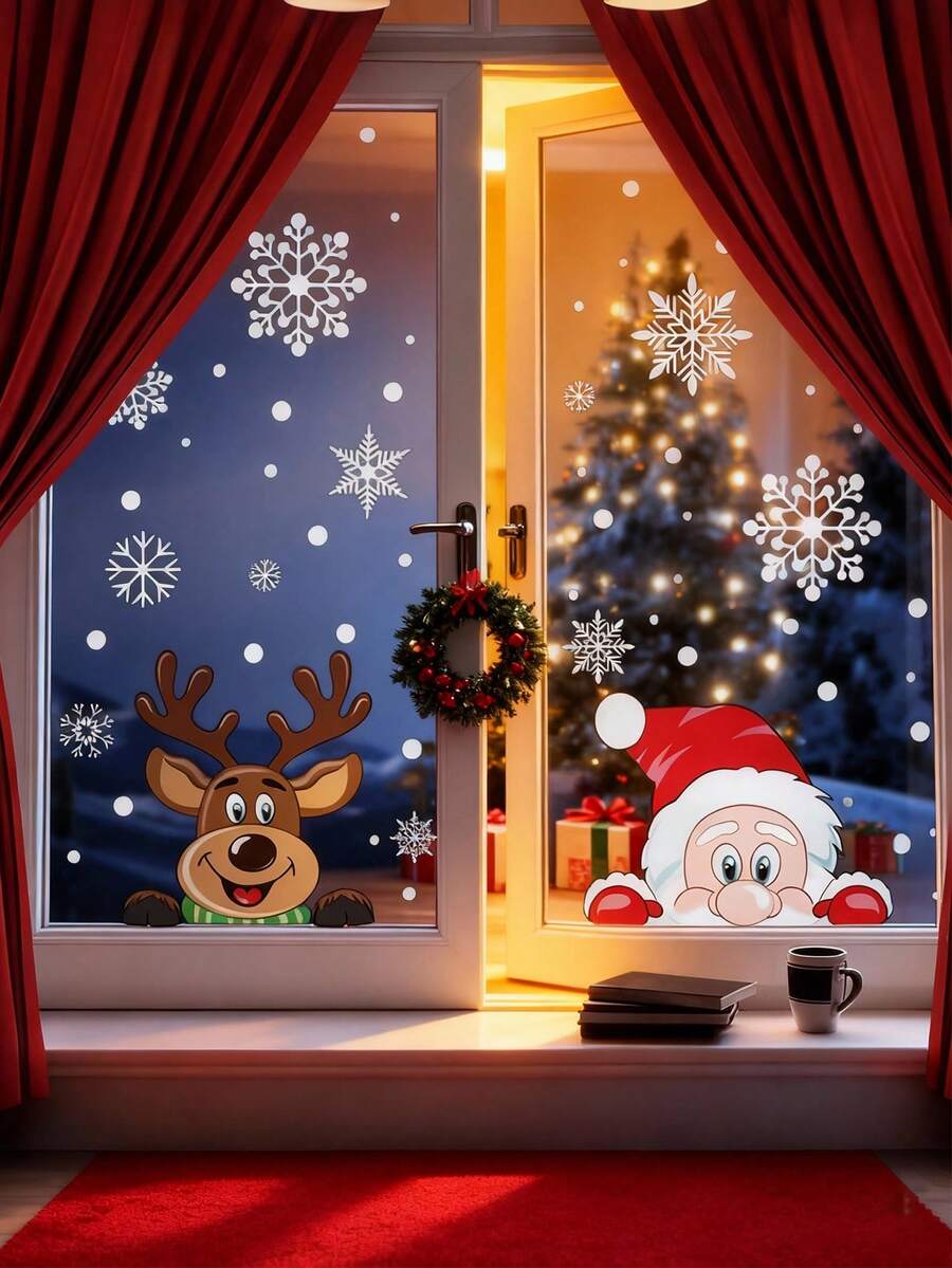 2 piezas Pegatinas navideñas para ventanas, Pegatinas de muñeco de nieve para ventanas, Pegatinas de vidrio navideñas, Decoración navideña y de invierno Pegatinas de copos de nieve para ventanas de vidrio, Pegatinas de decoración navideña para interiores Decoración navideña Pegatinas de Papá Noel, renos para fiestas