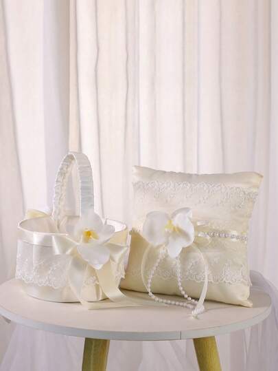 1pc New Butterfly Orchid Decor Handheld Basket Wedding Ring Pillow Flower Basket Set, Lace Butterfly Orchid Decor Ring Pillow