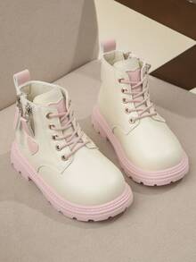 1 Pair Girls' Soft Rubber Sole Matte Pink & White PU Leather Boots With Heart Decor, Lace-Up Front, Side Zipper, Metallic Gold Shoelaces, Princess Short Boots For 3-15 Years Old, Suitable For Casual, School, Holiday, Party, Autumn/Winter 2025 New Arrival