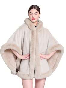 1pc Women's Hooded Multi-Color Faux Rabbit Fur Faux Fur Trim Thick Warm Windproof Fashion Poncho Shawl, Suitable For Daily Wear, Parties, Holidays, Travel