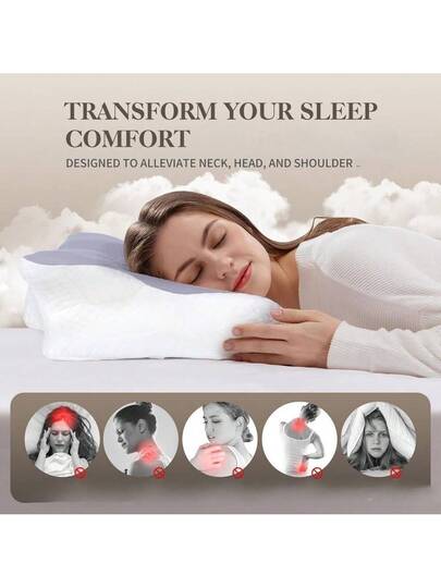 Memory Foam Pillow, Neck Support Ergonomic Kussen Side, Back Stomach Sleepers, Contoured Bed Breathable Cover, White/Grey view 5