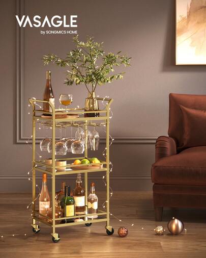 3-Tier Drinks Trolley, Gold Bar Cart On Wheels, With Handles, Mirrored Glass Shelves, Serving Trolley For Small Spaces, Kitchen, Dining Room, Bathroom, Living Room, Home Bar, Gold