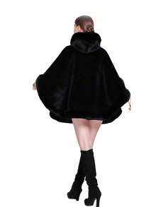 1pc Women's Hooded Multi-Color Faux Rabbit Fur Faux Fur Trim Thick Warm Windproof Fashion Poncho Shawl, Suitable For Daily Wear, Parties, Holidays, Travel