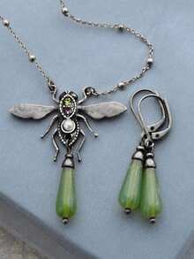 3pcs Dragonfly Geometric Pendant Necklace & Earrings Set, Multi-Color Metal, Natural Stone, Zirconia, Pearl, Vintage Classic Design For Women Party