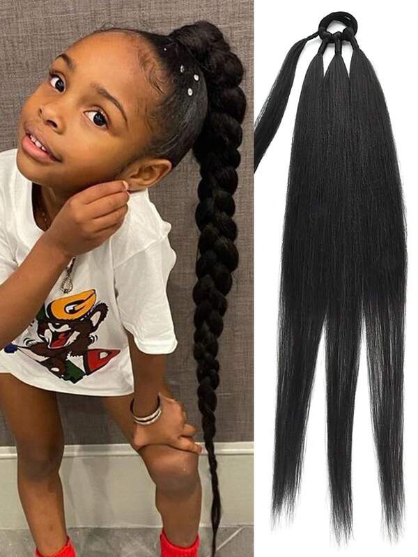 1 pezzo di treccia sintetica per capelli da bambino da 26 pollici con estensioni per coda di cavallo, fascia per capelli e anello in gomma per acconciatura a chignon