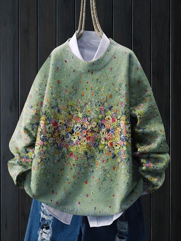 Women's Lightweight Floral Print Sweater - Khaki With Multicolor Flower Pattern, Casual Crew Neck Long Sleeve Top, Suitable For All Seasons, Layered Design, Vibrant Color Blend