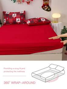 Juego de sábanas de 3/4 piezas con estampado de renos y calcetines navideños a cuadros, con una sensación suave como una nube, resistente a las arrugas y al encogimiento, que incluye 1 sábana plana + 1 sábana ajustable + 1/2 fundas de almohada, sábana de bolsillo profundo, para camas de todos los tamaños, certificado Oeko-Tex