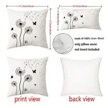 1 pieza Funda de cojín con diseño minimalista de diente de león en blanco y negro, decoración de mariposa, tela de poliéster impresa por un solo lado, adecuada para la decoración del hogar moderno