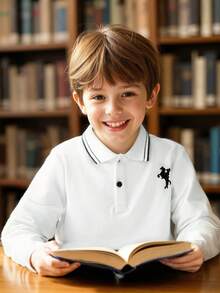 年轻男孩经典学院风骑士刺绣白色长袖 Polo 衫，适合日常穿着、旅行、聚会、户外活动 - 白色 - 查看 3