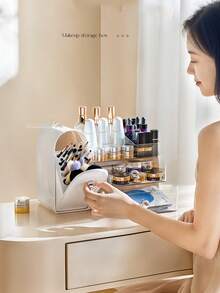 Organizador de maquillaje de acrílico, estante de almacenamiento de escritorio a prueba de polvo, soporte de tocador con estilo de cajón