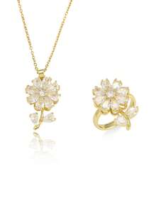 Vintage Mixed Style Sunflower Rotating Necklace Set, 360 Degree Rotating Emerald Flower Ring With Titanium Steel Inlaid Zirconia And Enamel Colorful Stone, Women Jewelry Accessories For Daily Wear/Party