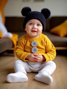 1 pieza Gorro de punto cálido de otoño/invierno con diseño lindo de doble bola esponjosa, gorro adecuado para bebés recién nacidos.