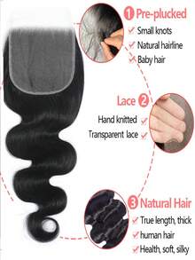 Ciocche di capelli umani con onde del corpo con chiusura, con linea dei capelli pre-sfoltita, 4 ciocche di capelli umani con chiusura in pizzo 5x5, pizzo trasparente frontale con baby hair, capelli naturali