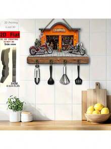 2D Flat, 1pc Christmas Motorcycle Garage Theme Decorative Wooden Multi-Function Key Hook With 4 Metal Hooks, Wall Decor, Porch Decor, Room Decor, Villa Decor, Home Decor For All Seasons