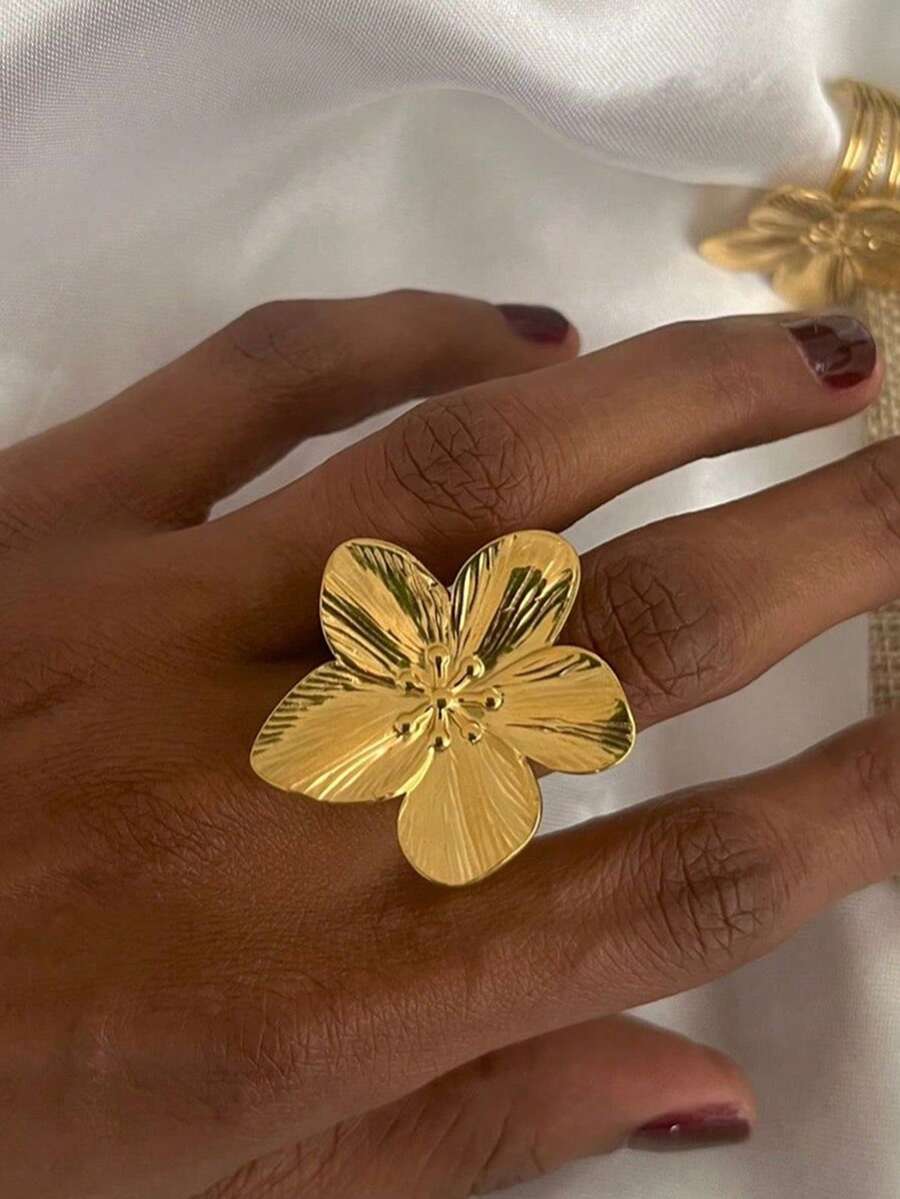 Nooxian 1 buc Inel din oțel inoxidabil cu flori pentru femei, ținută de plajă de vară, placat cu aur de 18K, nu se decolorează, design deschis exagerat, accesoriu de bijuterie de înaltă calitate, cadou de purtare zilnică - Aur Galben - Vizualizare 1