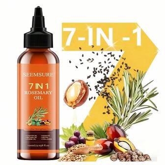  SEEMSURE 120ml/4.058 液体盎司 7合1精油混合物，含蓖麻油、迷迭香油、核桃油、南瓜籽油、薄荷油、生物素、角蛋白。保湿滋养功效，适用于干燥、易脱发的头发，适合所有发质和头皮，男女通用。