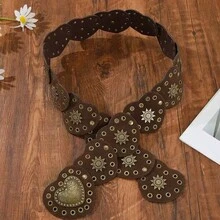 Plus Size Boho Style Heart Patchwork Rivet Decor Retro Western Belt Accessory, Suitable For Music Festivals, Parties, Y2K