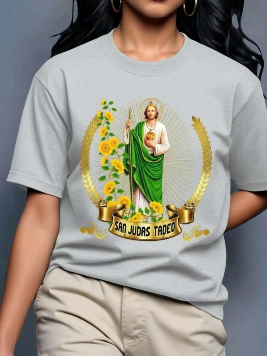 Playera camiseta gráfica dama mujer manga corta cuello redondo básica cómoda fresca ligera moderna juvenil casual estampado sn judas san juditas tadeo girasoles flores flor floral letras - Gris - Ver 1