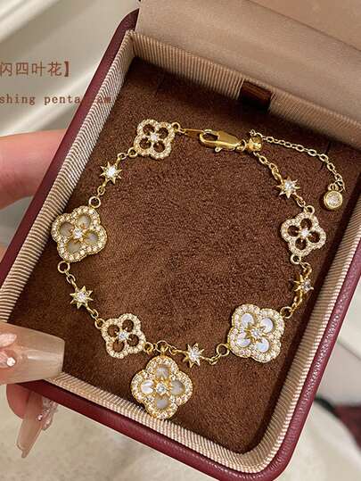 1pc Stainless Steel 4-Petal Zirconia Flower Bracelet, Adjustable, Luxurious & Elegant Style, Gift For Women