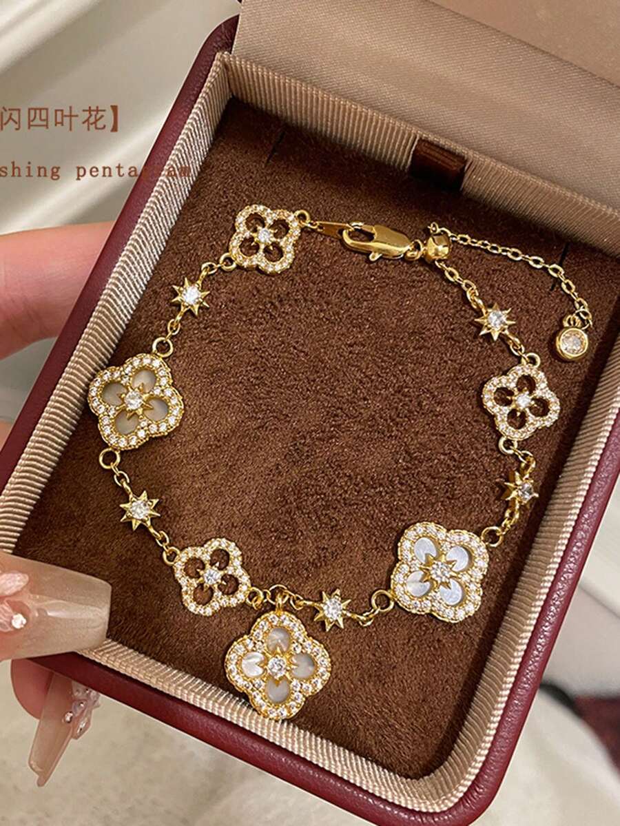 1pc Stainless Steel 4-Petal Zirconia Flower Bracelet, Adjustable, Luxurious & Elegant Style, Gift For Women - 四葉花手鍊 - 查看 1