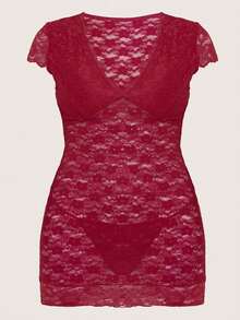 Đồ ngủ liền thân ren hoa gợi cảm dành cho nữ cỡ lớn, kiểu babydoll, chất liệu lưới. - Màu Đỏ Sâu - Xem 3