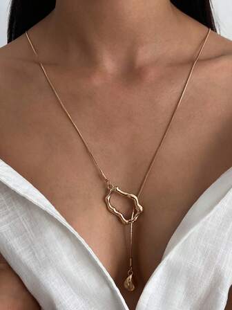 1pc Bohemian Geometric Fine Chain Asymmetrical Square Teardrop Pendant Necklace, Luxurious & Elegant, Suitable For Wedding, Party, Casual, Streetwear, Women & Couples, Holiday, Birthday, Charming Jewelry Gift