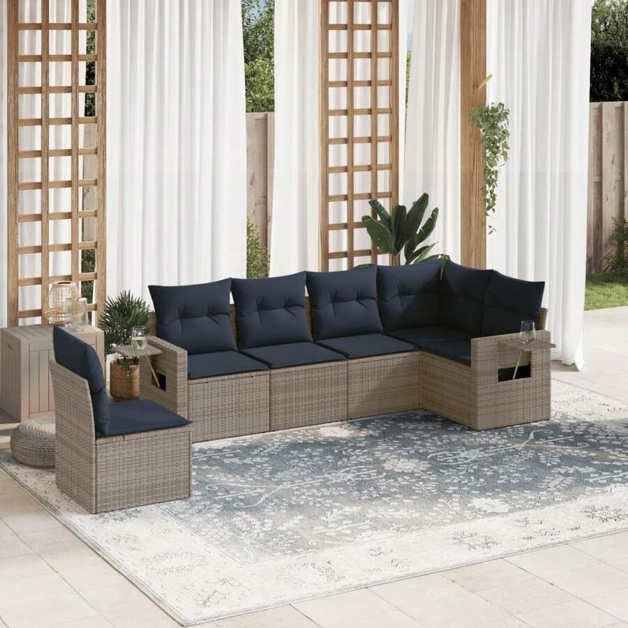 vidaXL 6-teiliges Gartensofa-Set mit Kissen, grau, Polyrattan