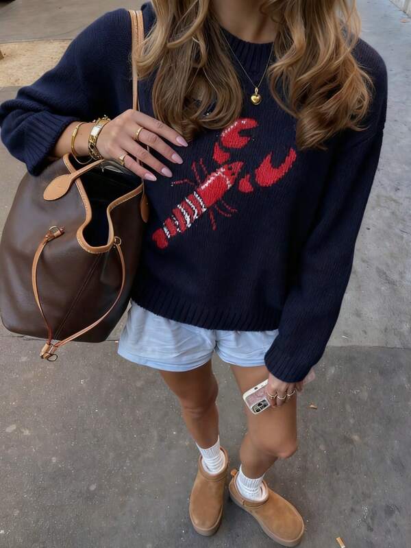 Joy Knit Women's Autumn/Winter Sweater - All-Match Tops - Minimalist Casual Fashionable Versatile - Cute Shrimp Intarsia Knit Crew Neck Pullover - Loose Knit Top - Office Outfits For Women - Going Out Tops - Travel Outfit Airport